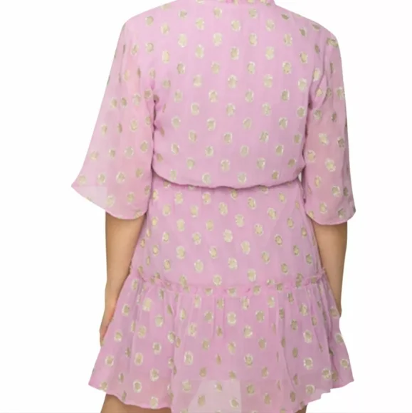 NWT Raga Womens Dress Purple Golden Dot Tie-Neck Flutter Sleeve mini S. 💜 - Picture 2 of 4